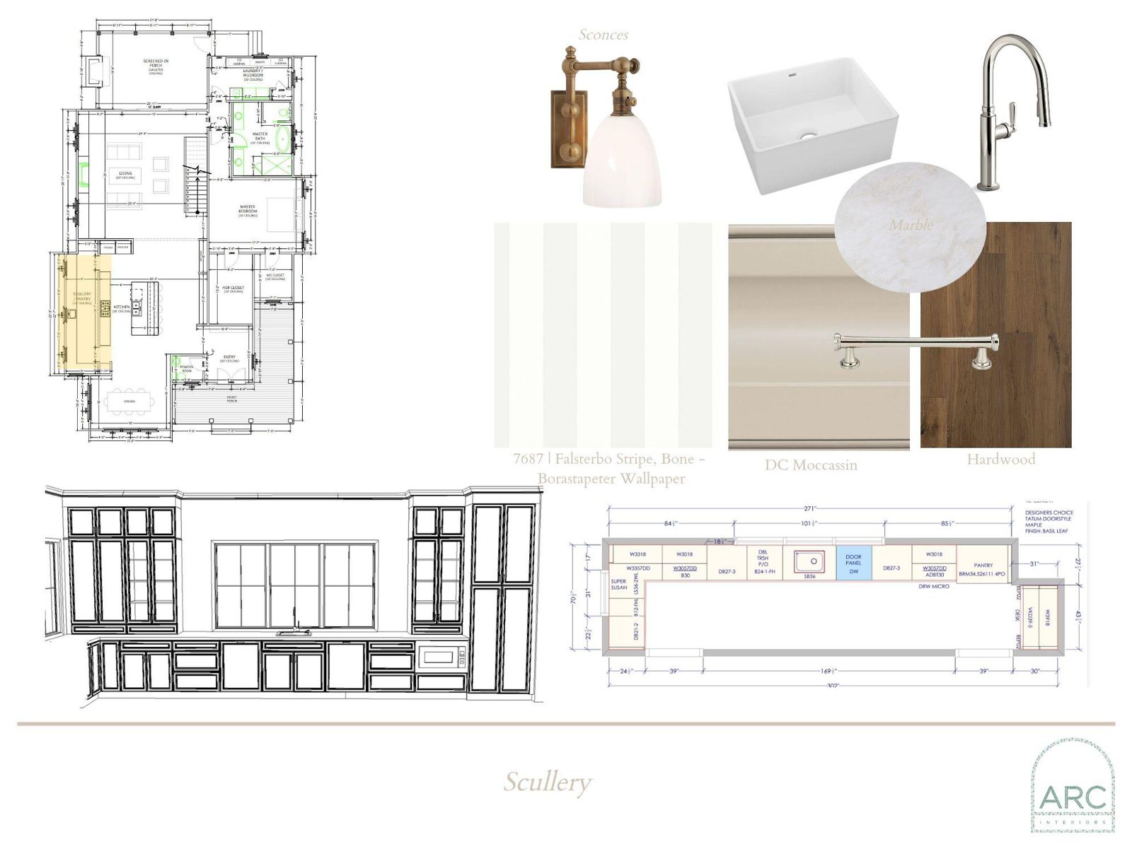 Scullery design board: finishes, fixtures, and lighting