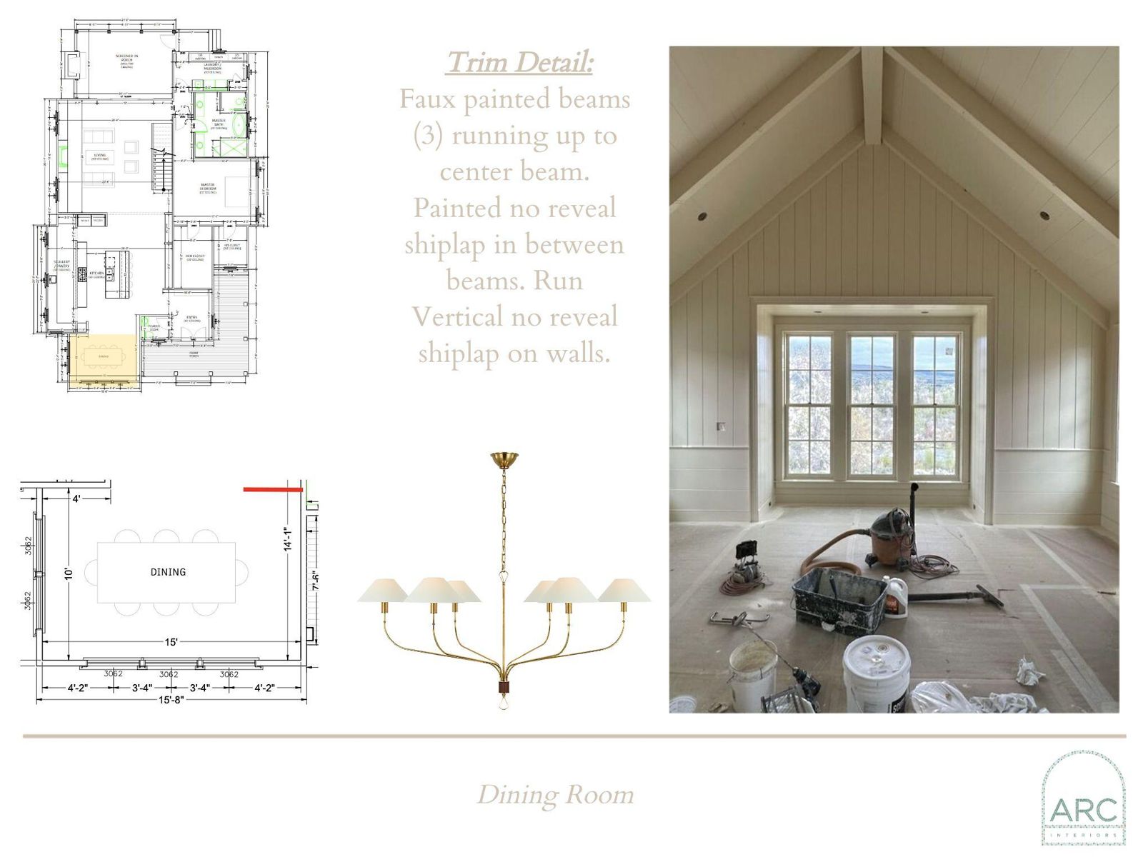 Dining Room design board: finishes, fixtures, and lighting