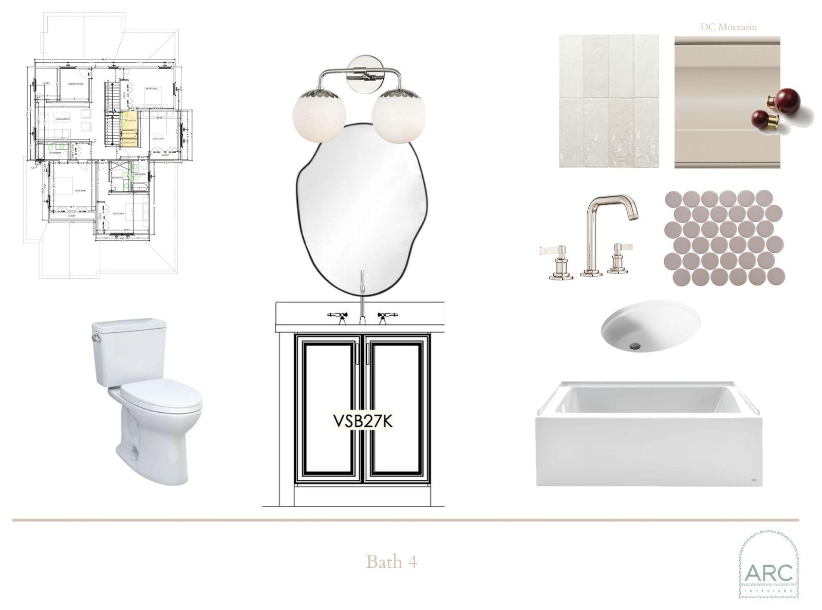 Bath 4 design board: finishes, fixtures, and lighting