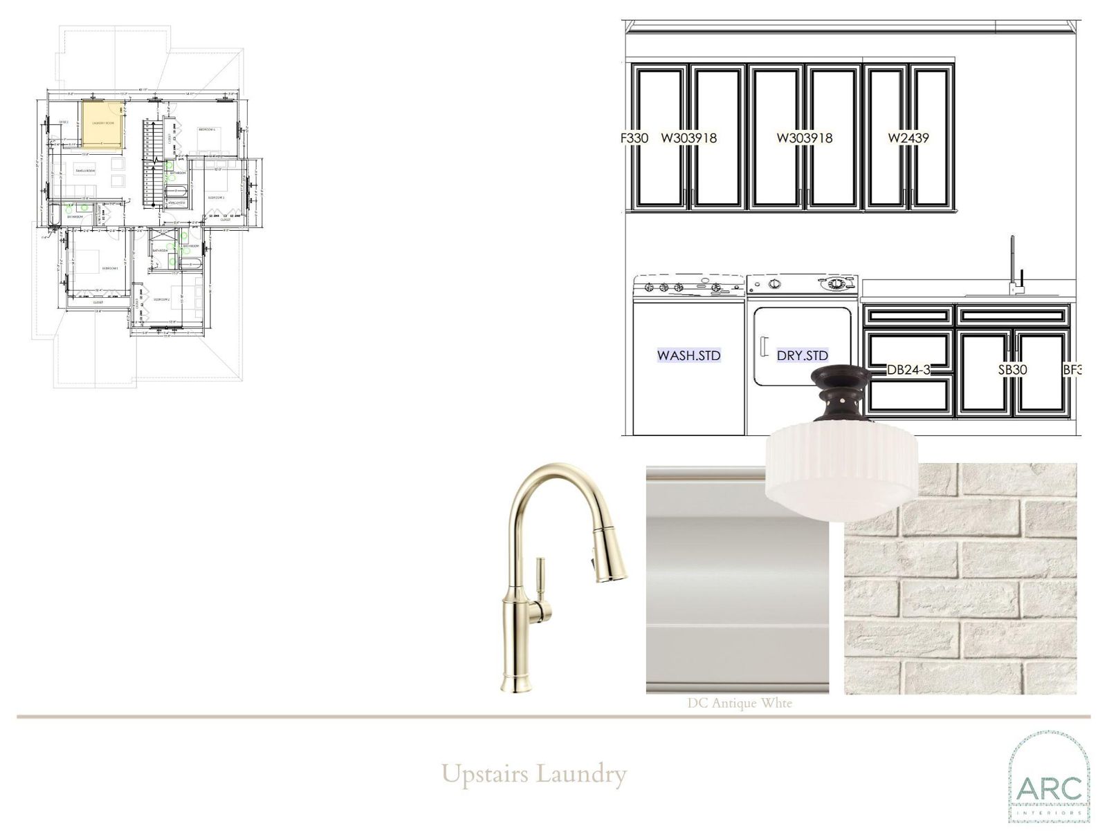 Upstairs Laundry design board: finishes, fixtures, and lighting
